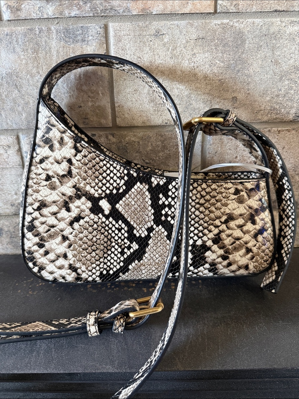 Off White Jitney Python Shoulder Bag in Black and Cream